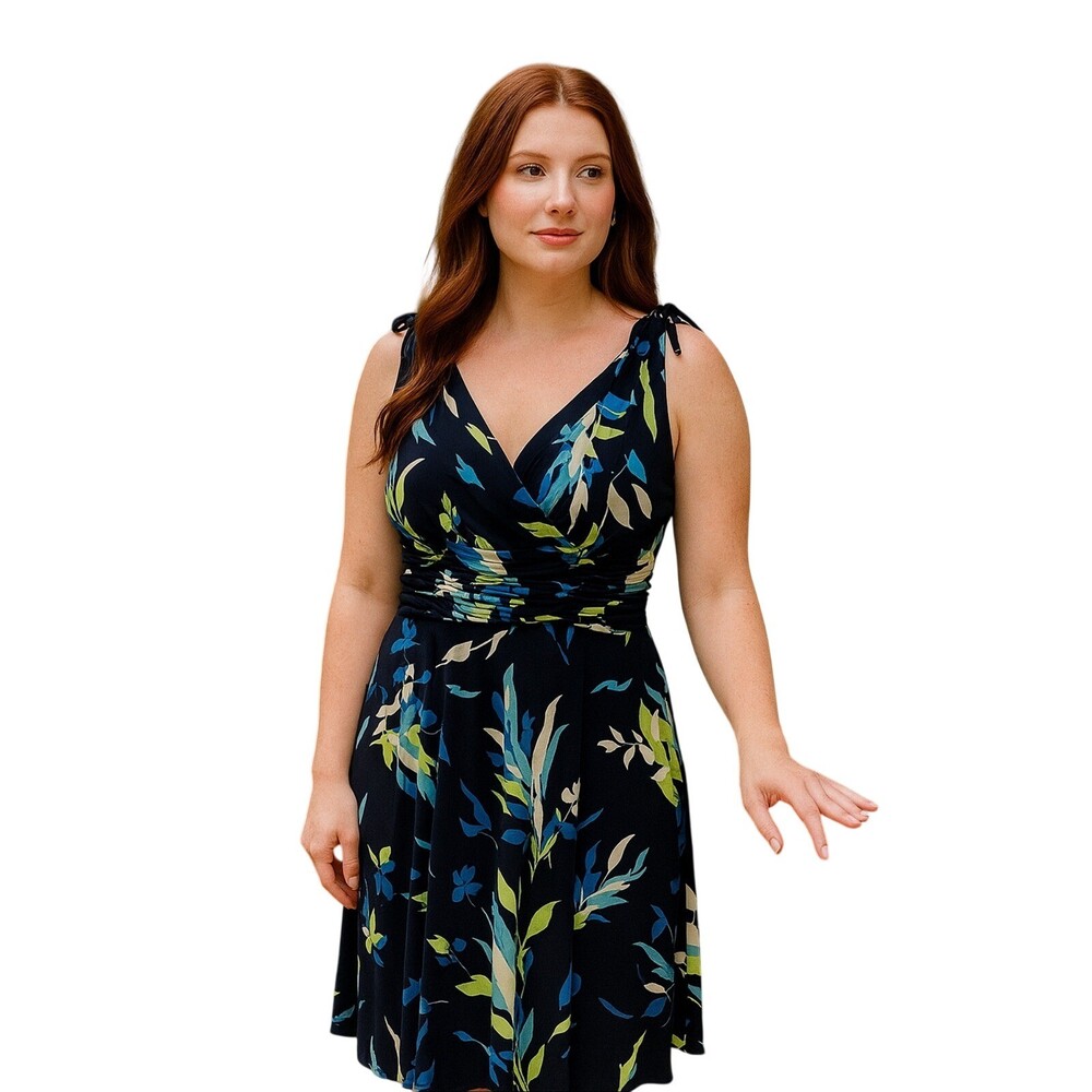 Scarlett Navy Blue Floral Ruched Waist V-Neck Midi Dress Size 10 Sleeveless